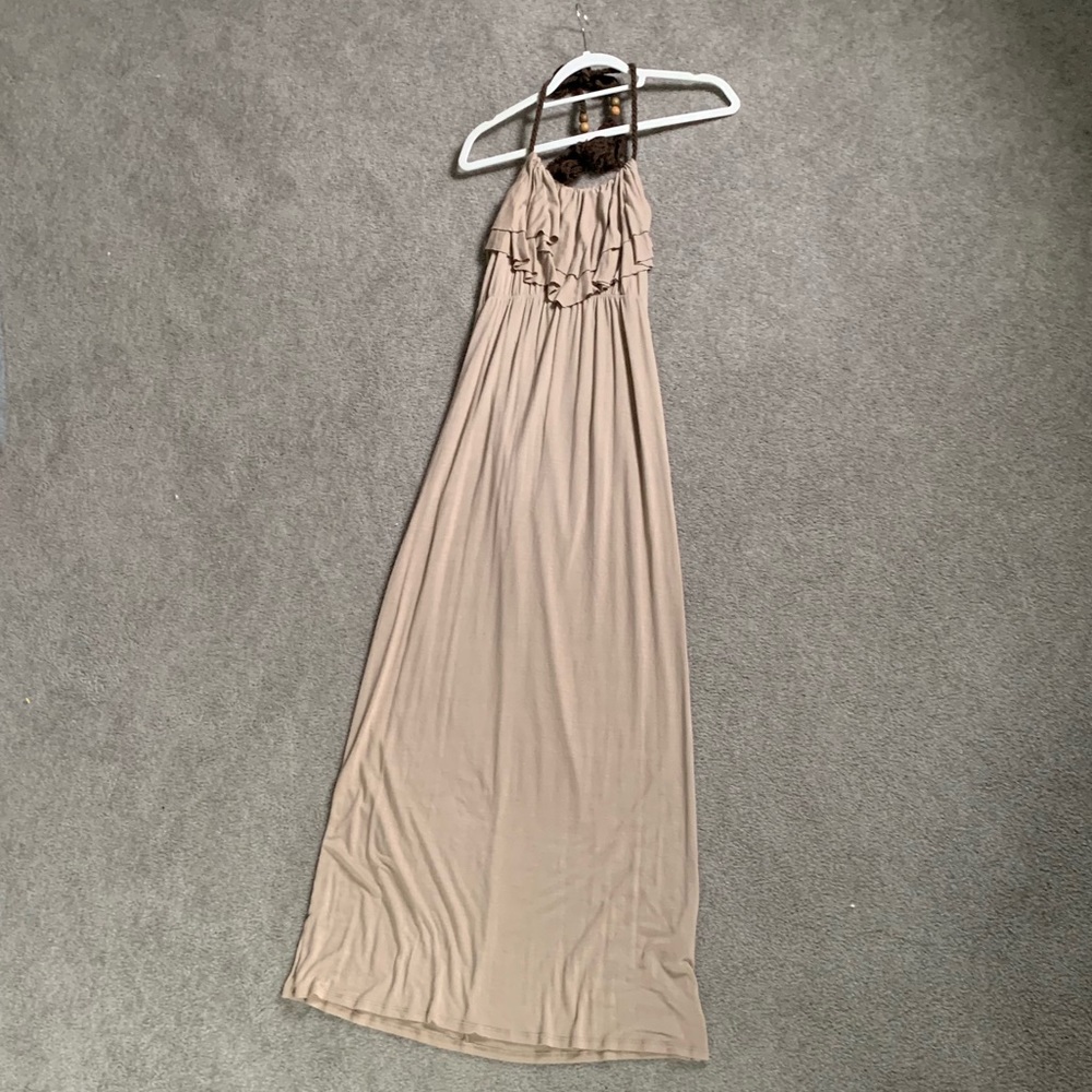 Long Beige Halter Dress w/ Rope Tie